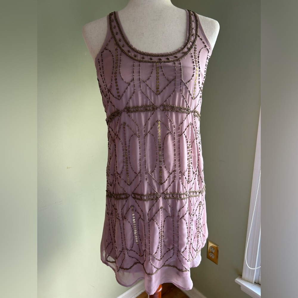 Fossil XS dusty pink beaded chiffon shift dress. Sleeveless w/T back. Lined.